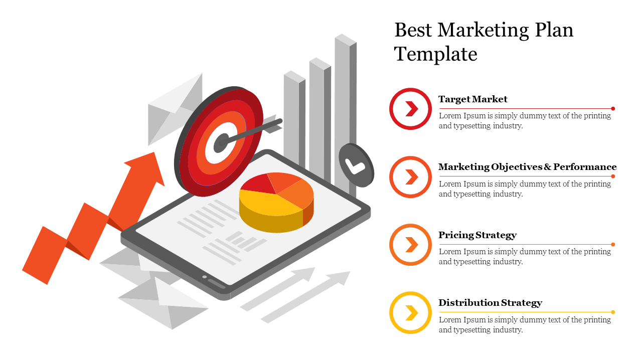 A marketing plan slide featuring an arrow, target market, pie chart, and four key elements with placeholder text.