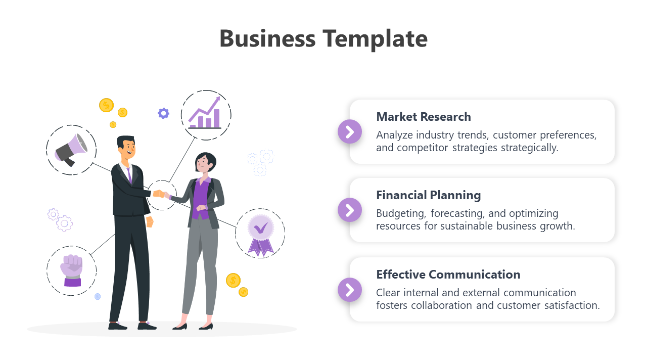 Business PPT slide showing two professionals shaking hands with icons from the market research to effective communication.