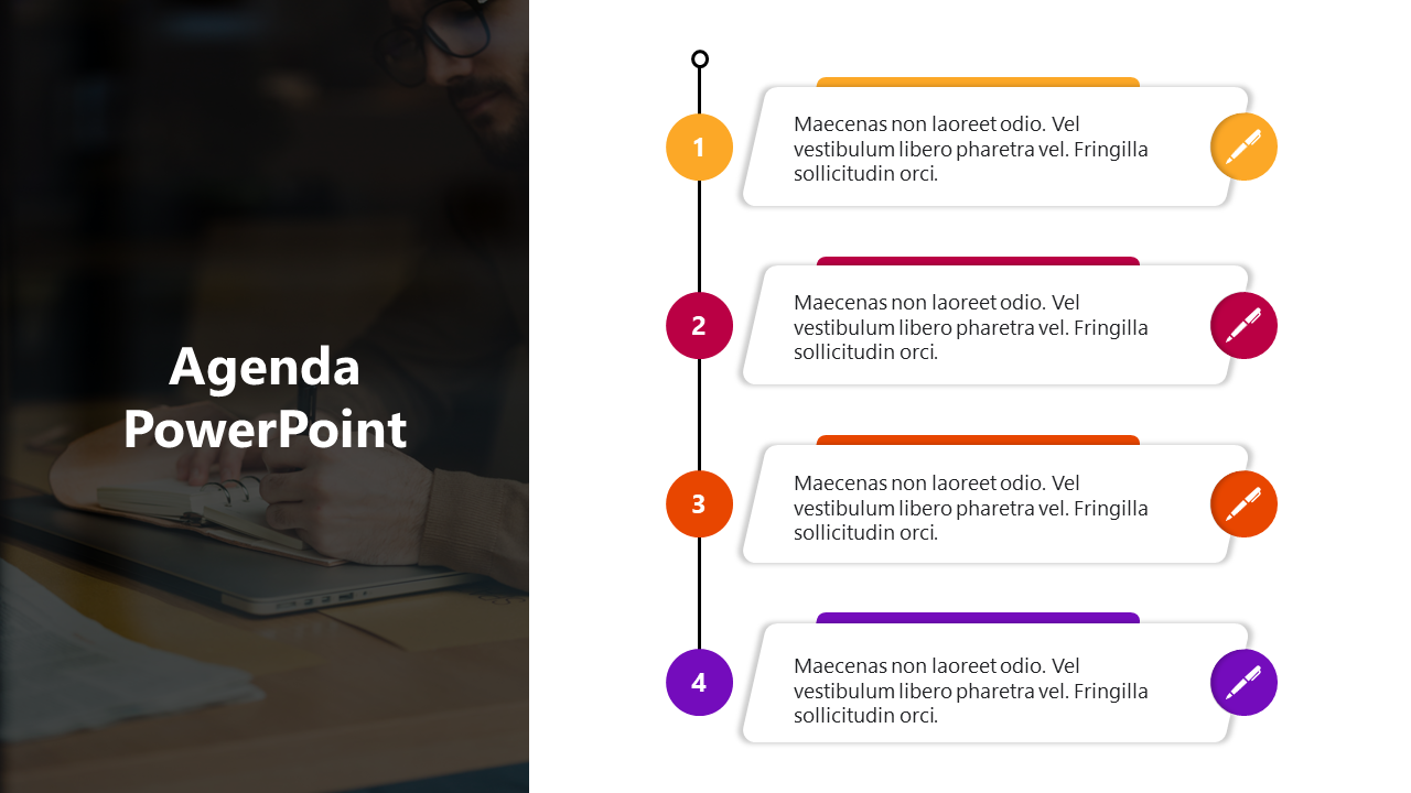 Agenda slide with a vertical timeline featuring four numbered steps in colored circles and text boxes on the right.