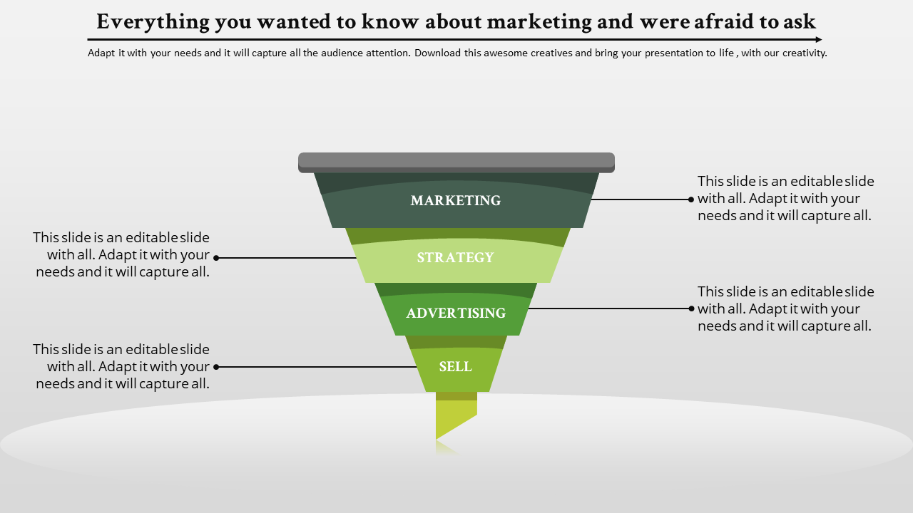 Funnel diagram for marketing stages with four green layers and placeholder text for each stage placed in grey background.