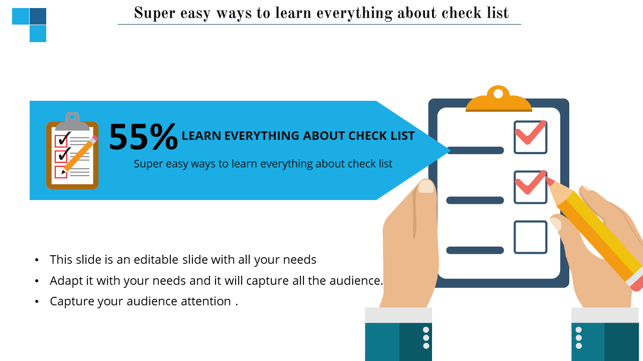 Checklist themed slide with a blue banner, bold '55%', and an illustration of hands marking checkboxes on a clipboard.