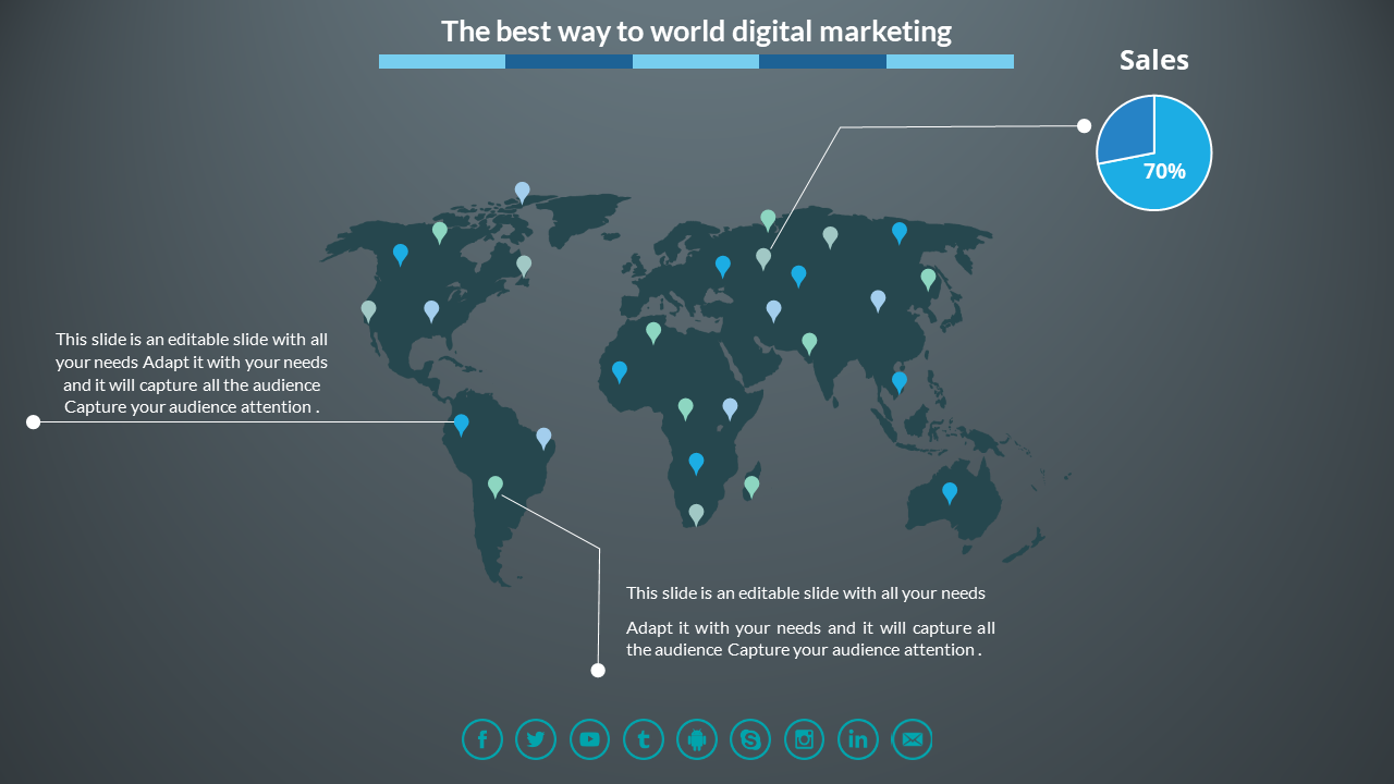 Digital marketing slide featuring a dark world map with location markers, a pie chart, and social media icons below.