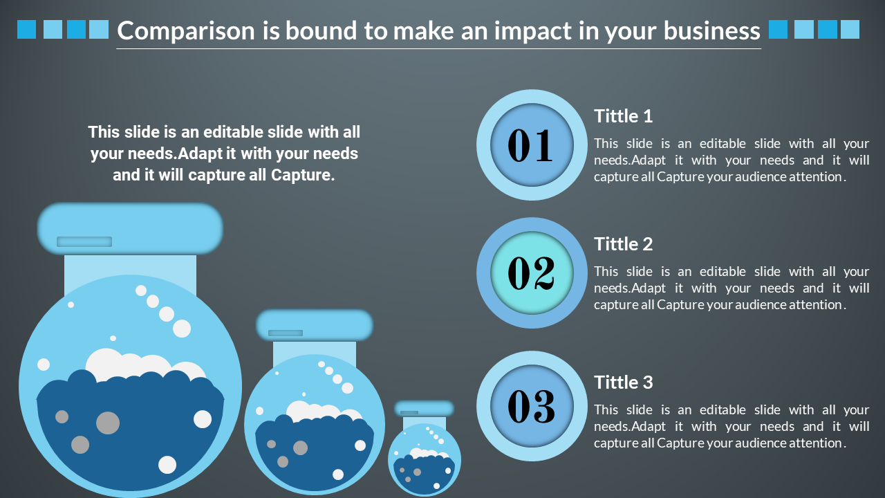 Three blue circular containers paired with numbered circles and text sections on the right, against a gray background.