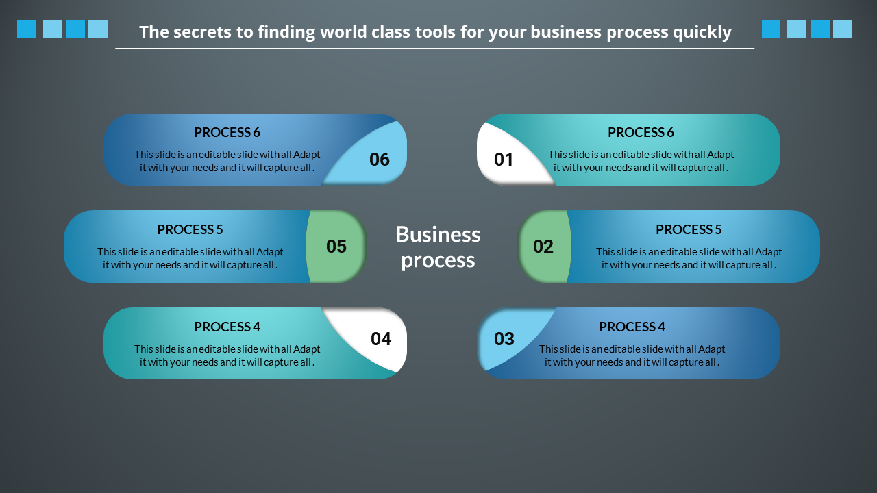 Slide illustrating a six step business process flow, with six sections labeled each accompanied by text areas.