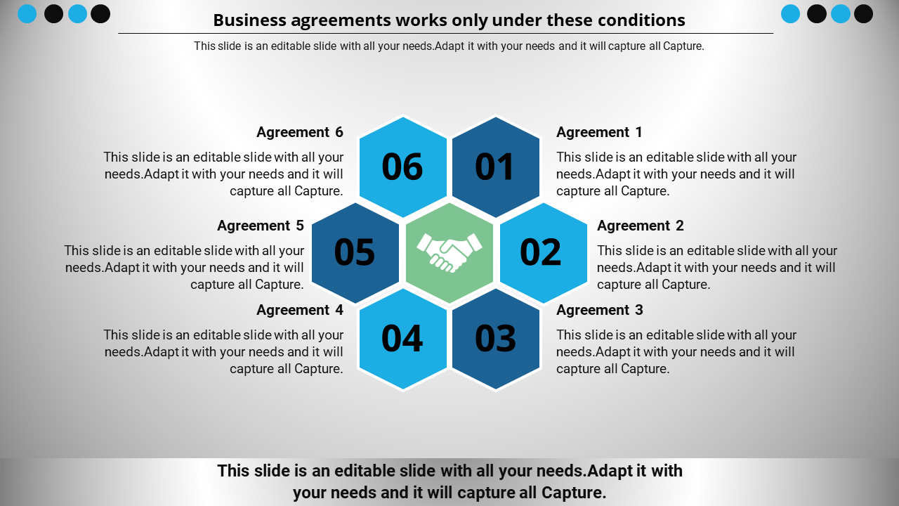 Business agreements slide with a hexagon layout showing six numbered blue tiles surrounding a central handshake icon.