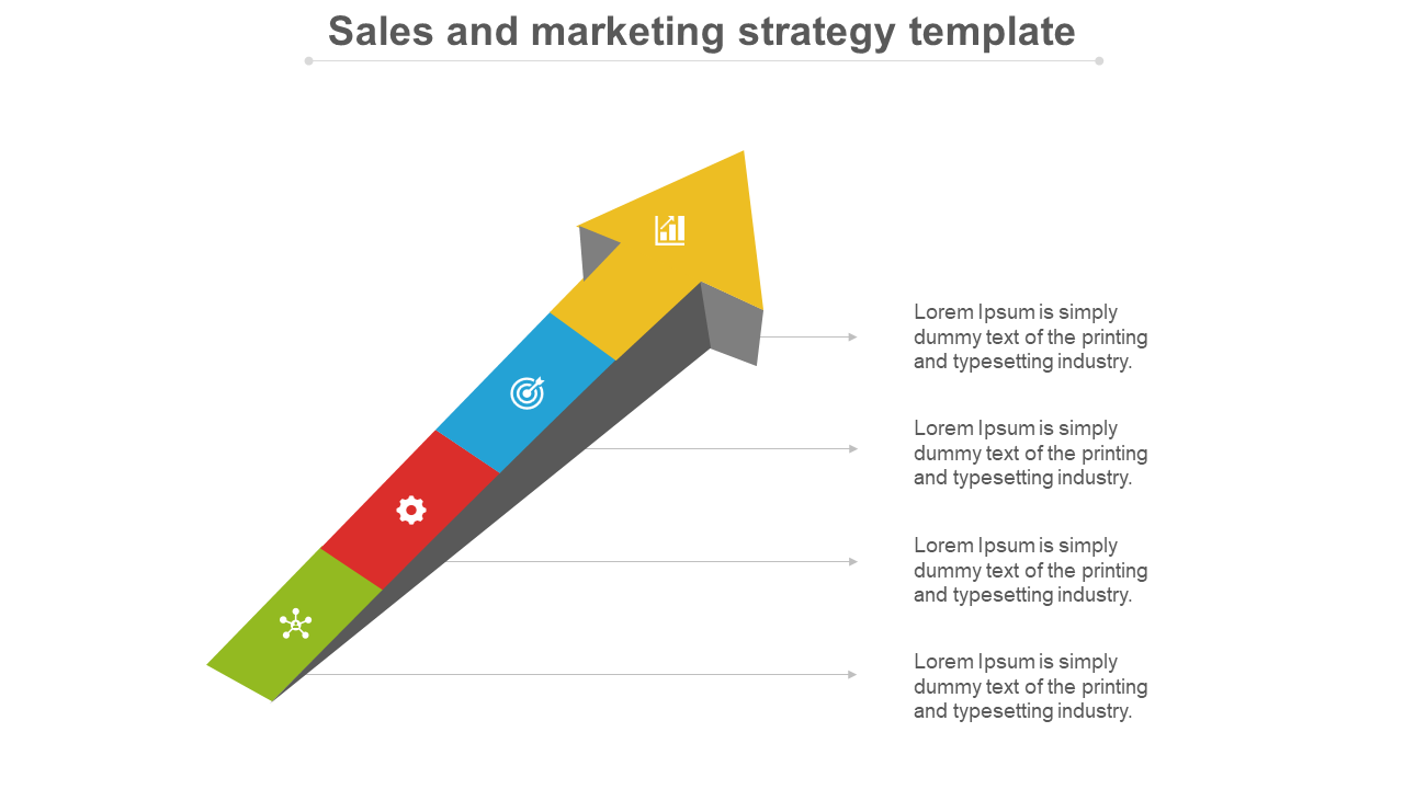 PowerPoint slide for sales strategy with a 3D arrow and icons in green, blue, red, and yellow, with different components.