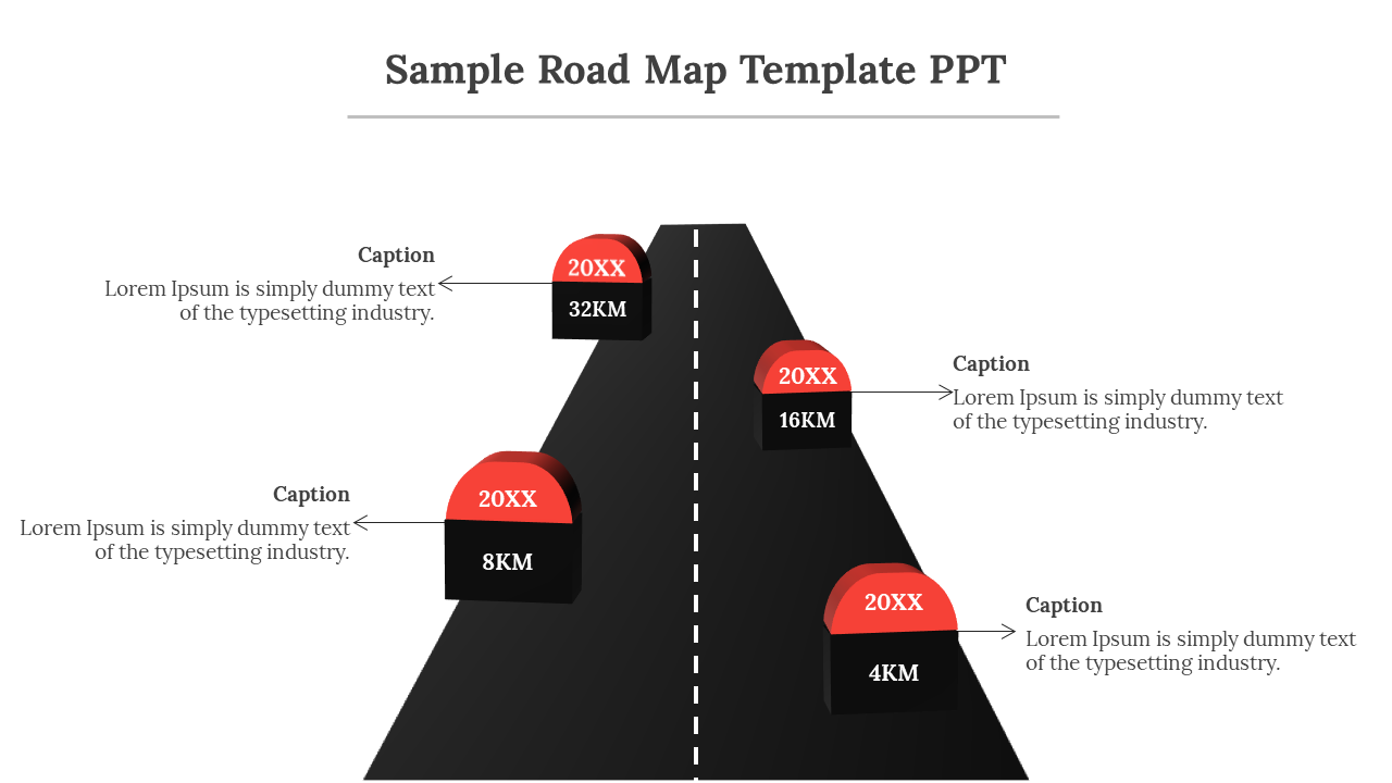 Sample roadmap slide with a black road leading to milestones labeled by year and distance with captions.