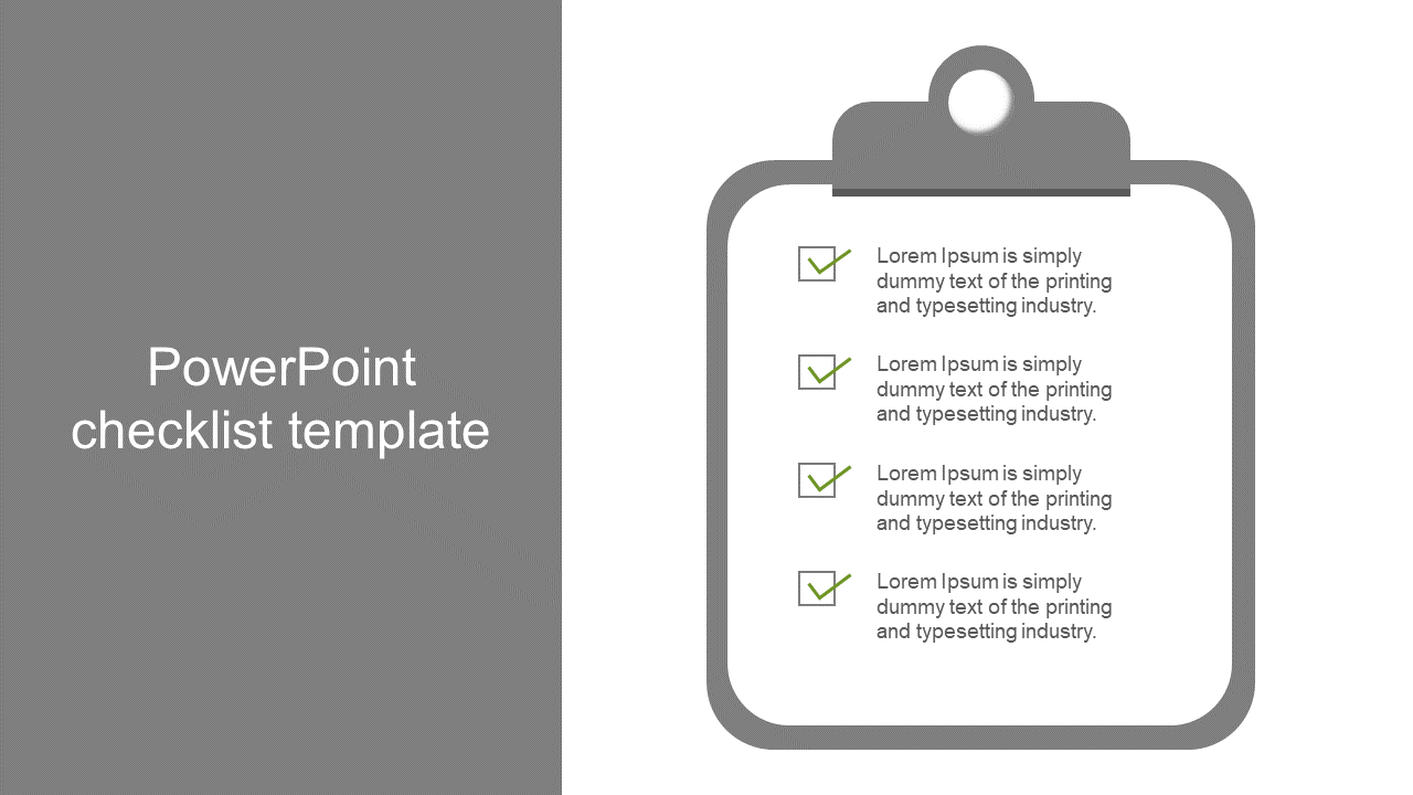 Checklist template showing a gray clipboard with four green ticks and placeholders text areas on white backdrop.