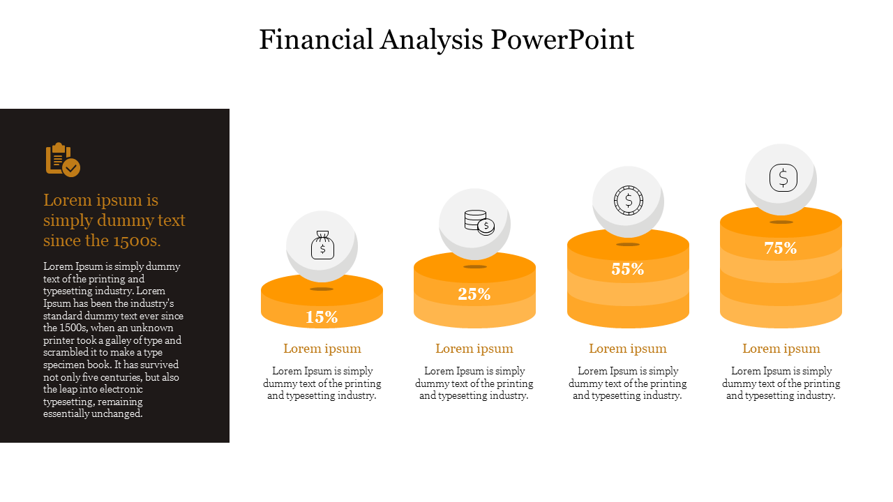 Financial Analysis PPT slide with a checklist icon and text along with four bar graphs showing percentages.