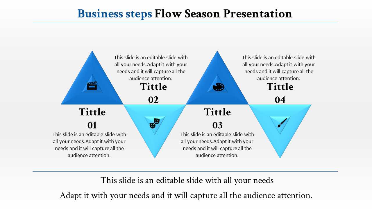 PowerPoint slide showing a step by step process with four triangular sections and icons representing each step.