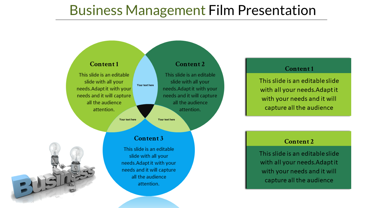 Business slide featuring a three-circle Venn diagram and two rectangular content blocks on the right.