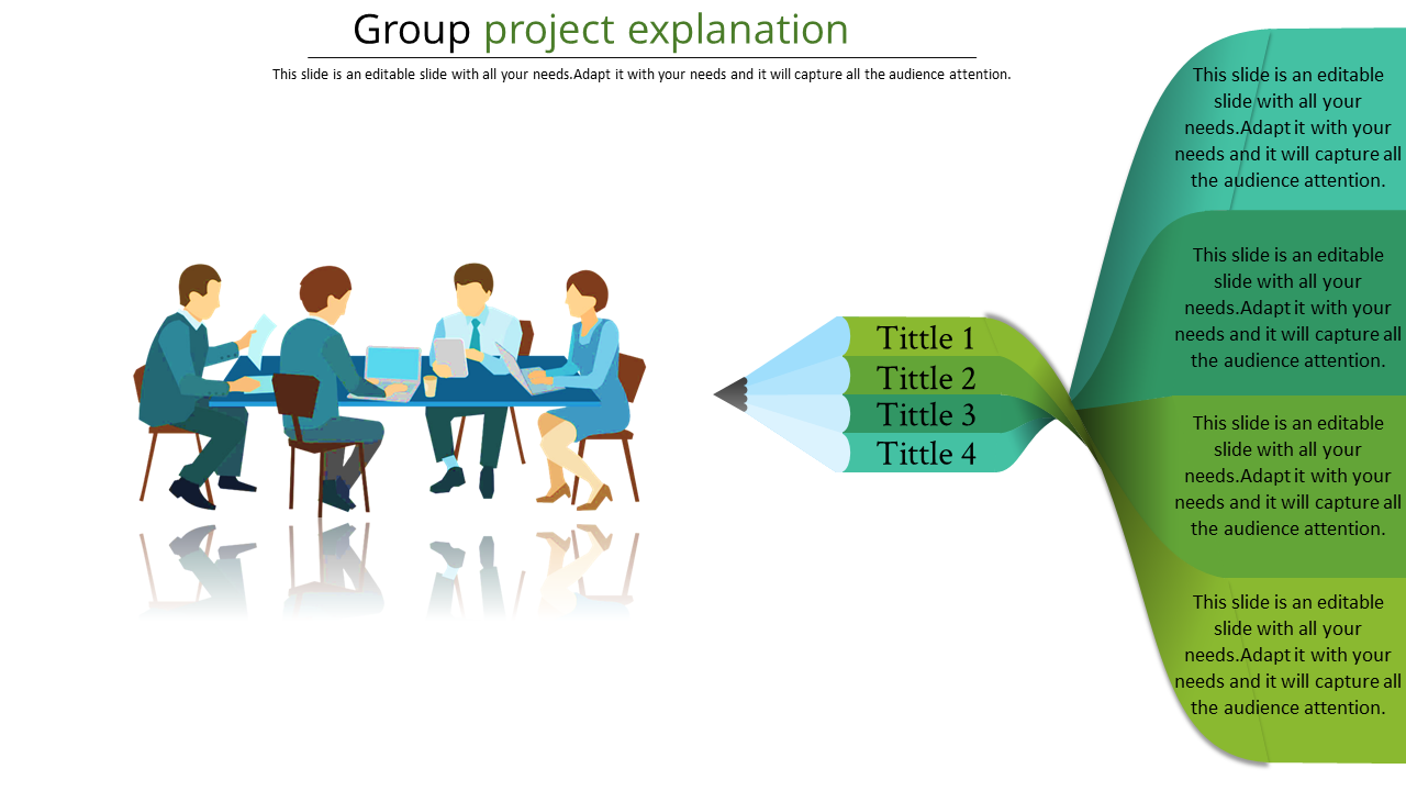 Illustration of a group meeting at a table on the left, with a green pencil shaped list of four titles on the right.