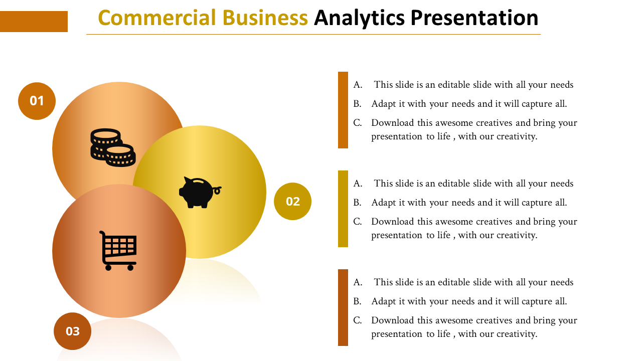 Business analytics slide featuring three circular segments with financial and shopping icons, numbered 01, 02, and 03.