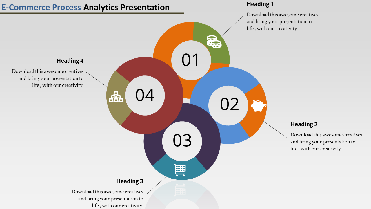 Four circular segments in orange, blue, purple, and red, with icons, arranged around a central white number labels..