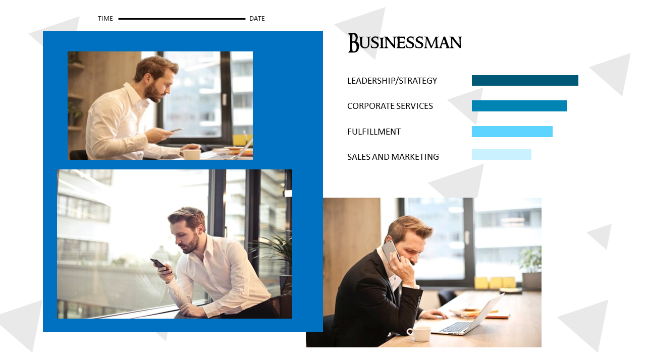 Portfolio slide with photos of a businessman in various office tasks and blue progress bars highlighting business skills.