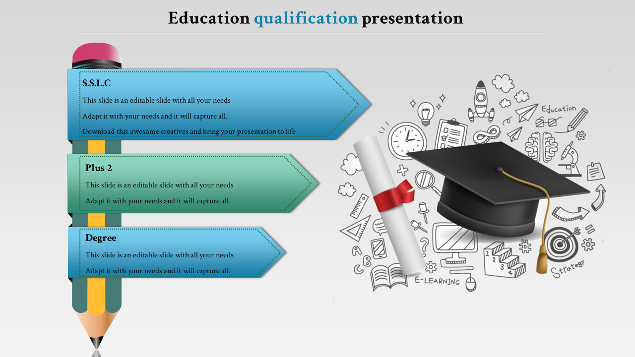 Slide for education qualifications with pencil graphic divided into sections, with diploma and graduation cap illustration.