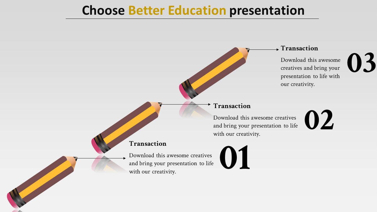 Infographic slide featuring three large pencils aligned diagonally, numbered steps, and text for educational transactions.