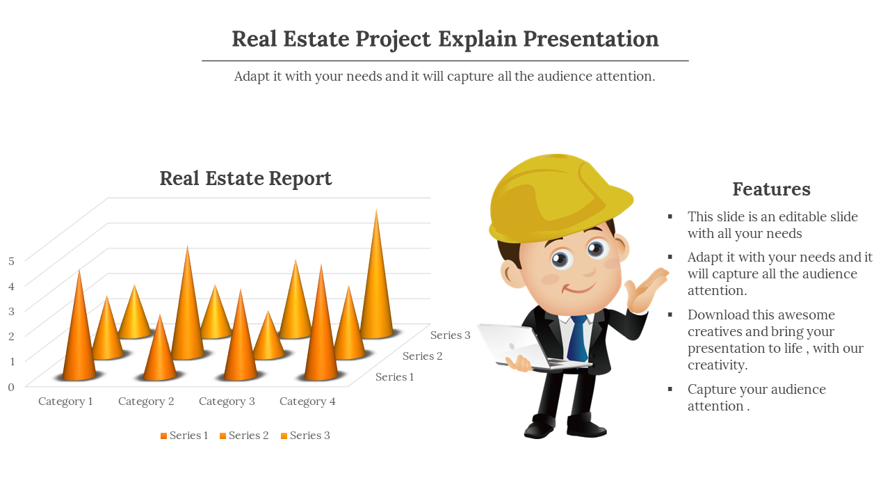 Real estate report graph with orange 3D cone data visuals and cartoon builder character pointing to features.