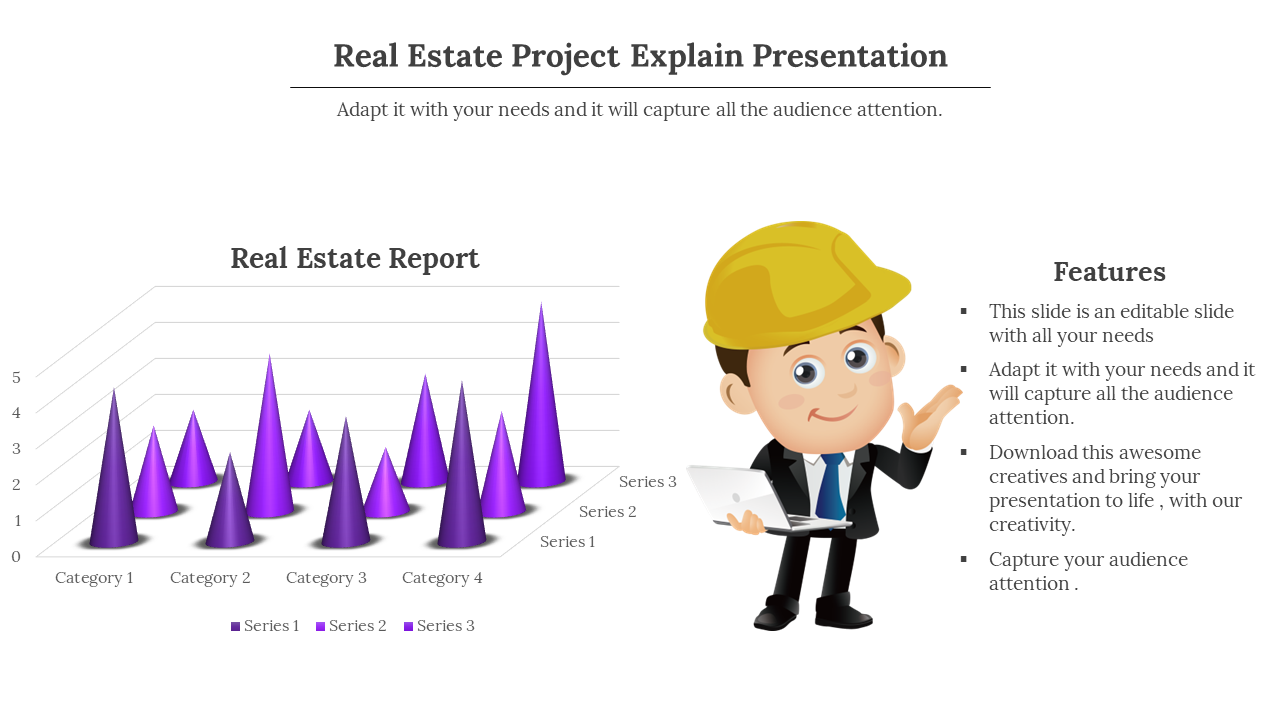 3D cone chart in purple tones for real estate data, with a cartoon character in a yellow hard hat holding a tablet.