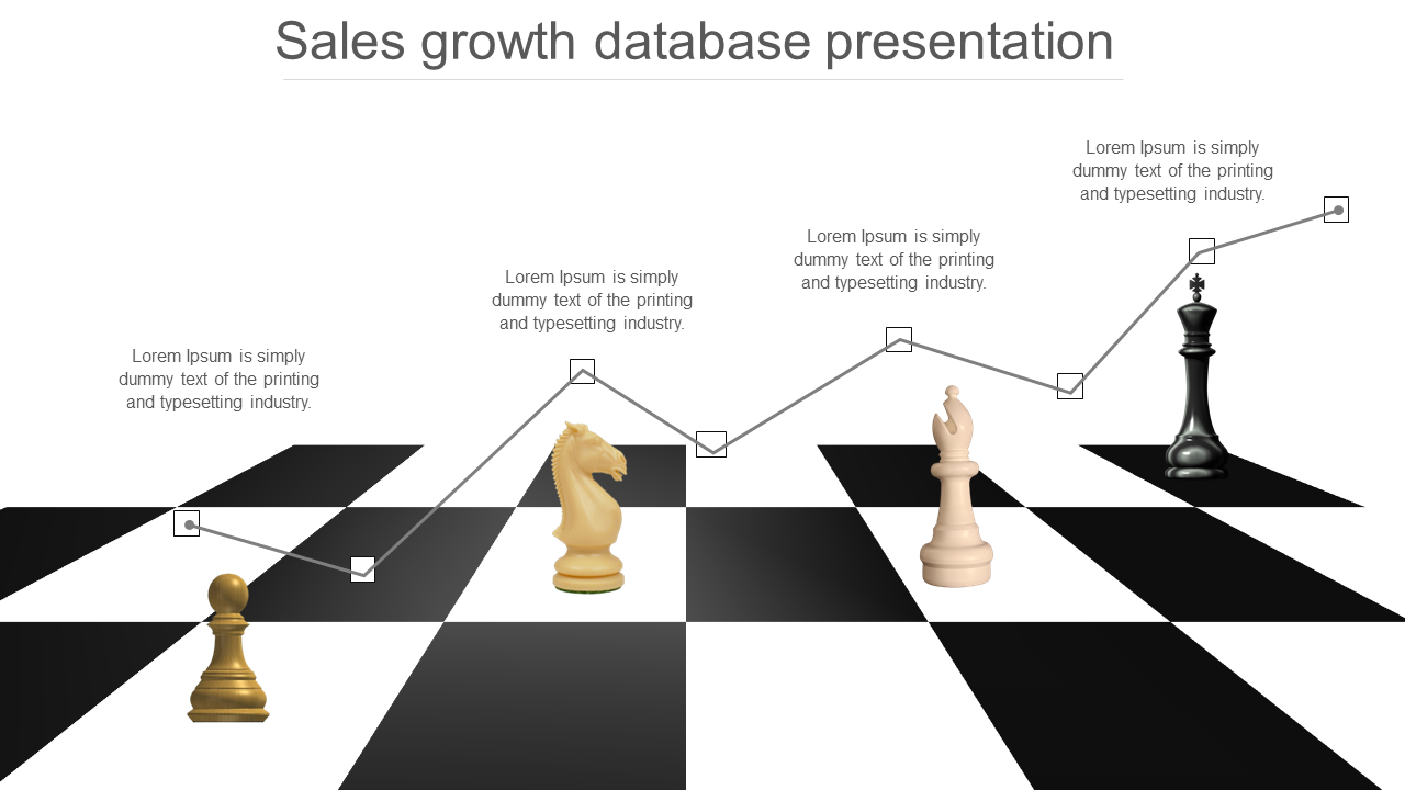 Chess themed slide showing sales growth with a pawn, knight, bishop, and king on a black and white chessboard.