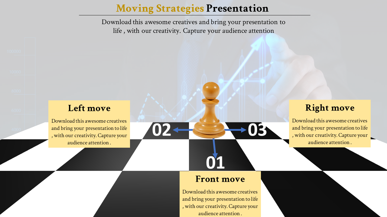 Chessboard with a central pawn and three numbered arrows with yellow text boxes, and a faint digital graph in the background.