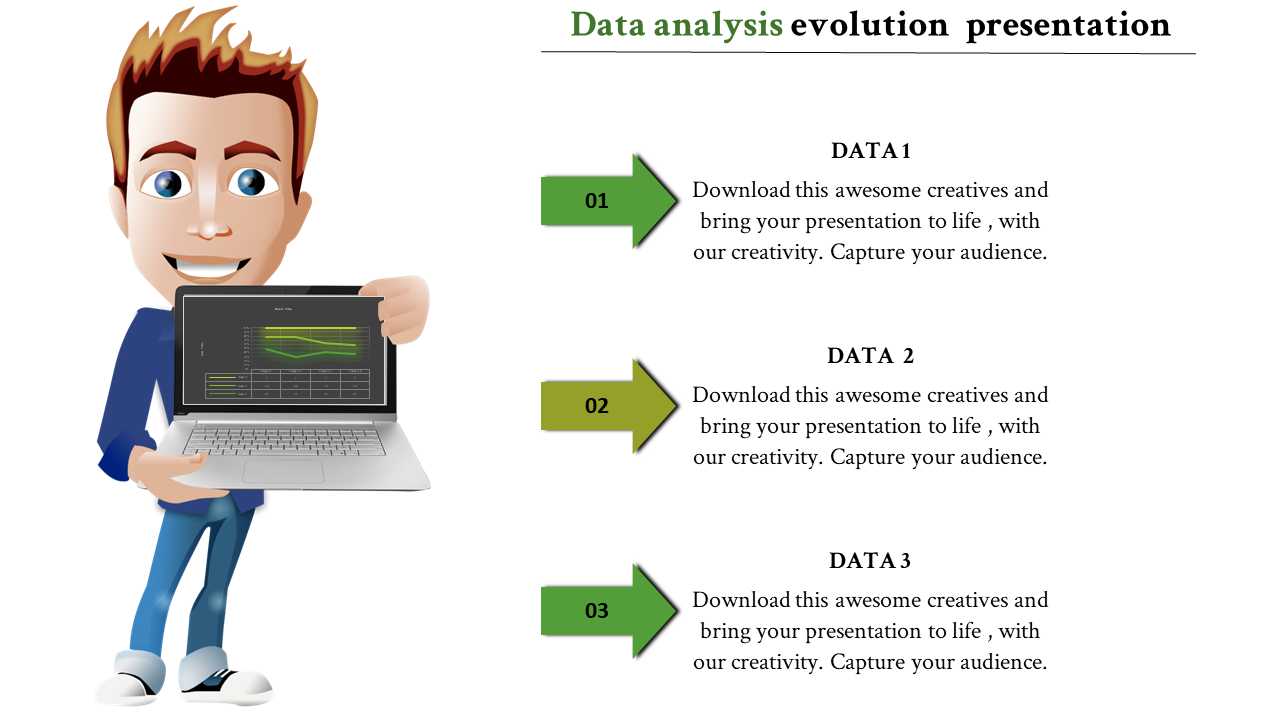 Illustration of a man holding a laptop with data visualization, alongside three numbered text sections with green arrows.