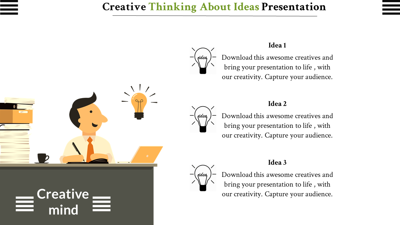 Illustration of a person at a desk with a lightbulb overhead, paired with three labeled idea sections on the right.