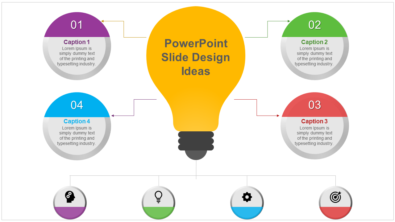 Slide featuring a central yellow lightbulb, linked to four numbered circular captions in purple, green, red, and blue.