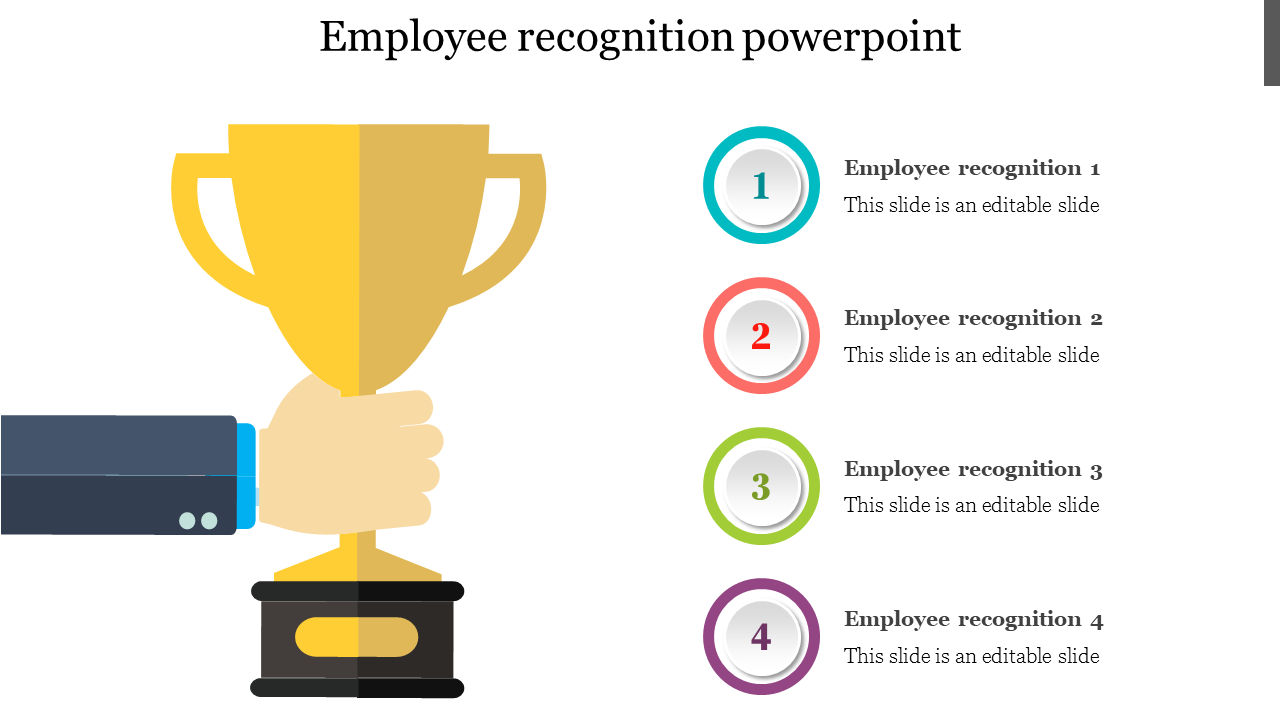 Employee recognition slide featuring a hand holding a golden trophy with four colored number sections for recognition points.