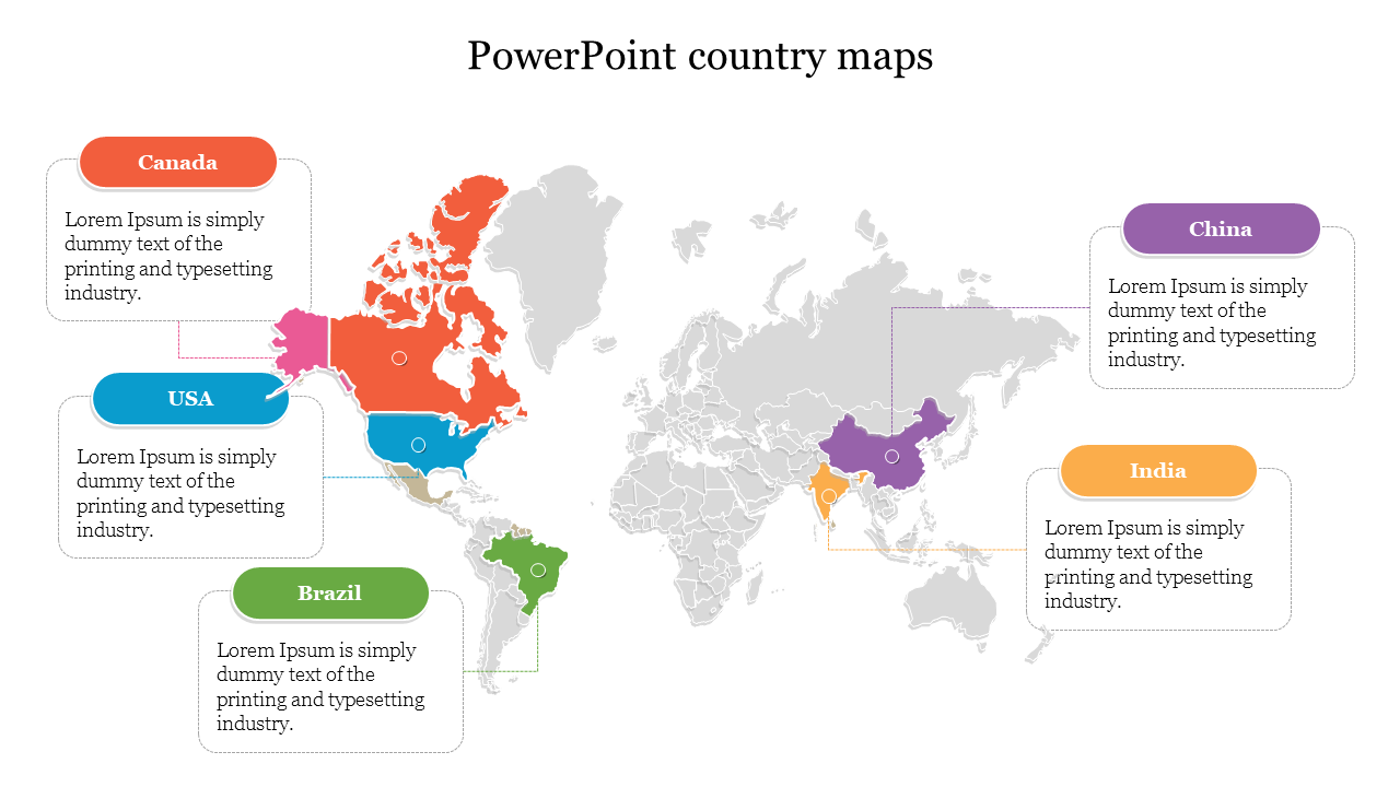 Global map featuring five countries in red, blue, green, orange, and purple, with text boxes linked to each.