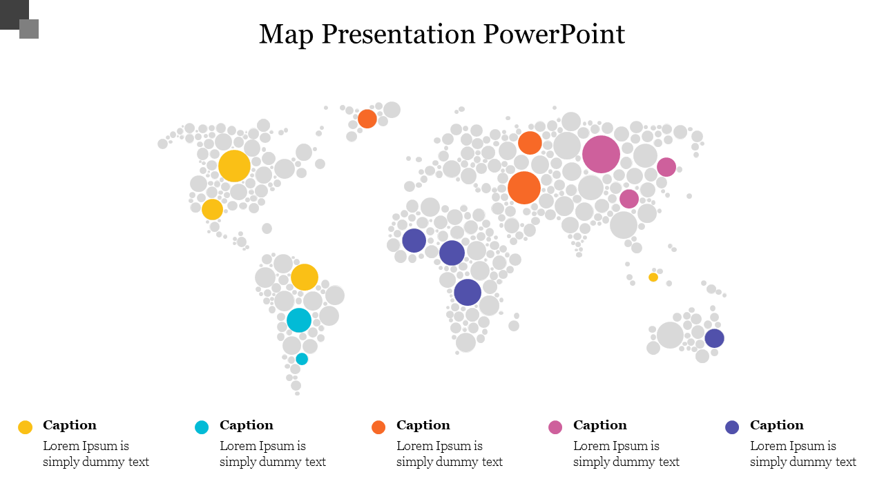 Map PowerPoint slide with a world map featuring colored circles in various sizes, each with different regions with captions.