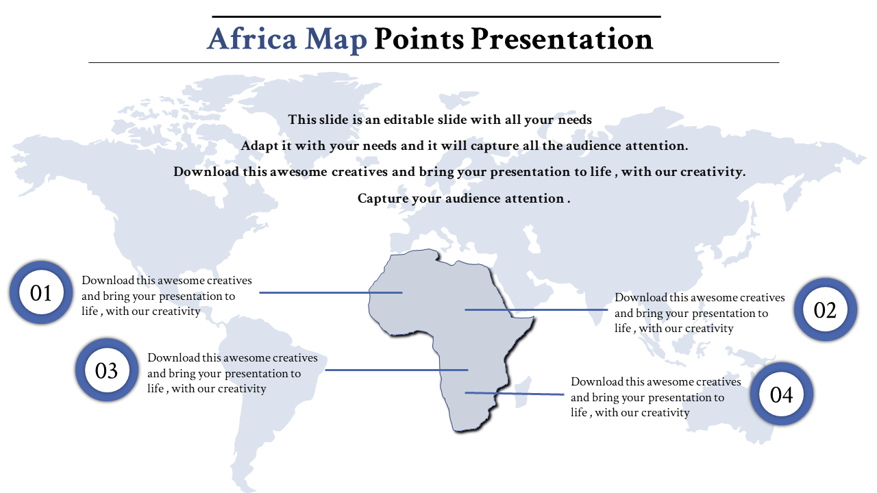 Africa map infographic with four numbered points connected to editable text placeholders on a world map background.