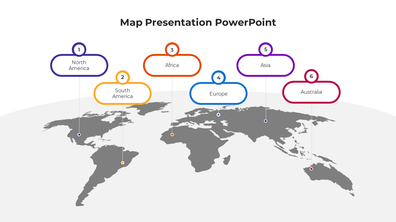 Map PowerPoint slide showing a world map with highlighted regions from North America to Australia.