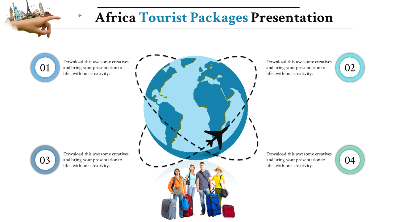 Travel slide with Africa map on globe, airplane graphic, dashed lines, four sections, and tourists carrying suitcases.