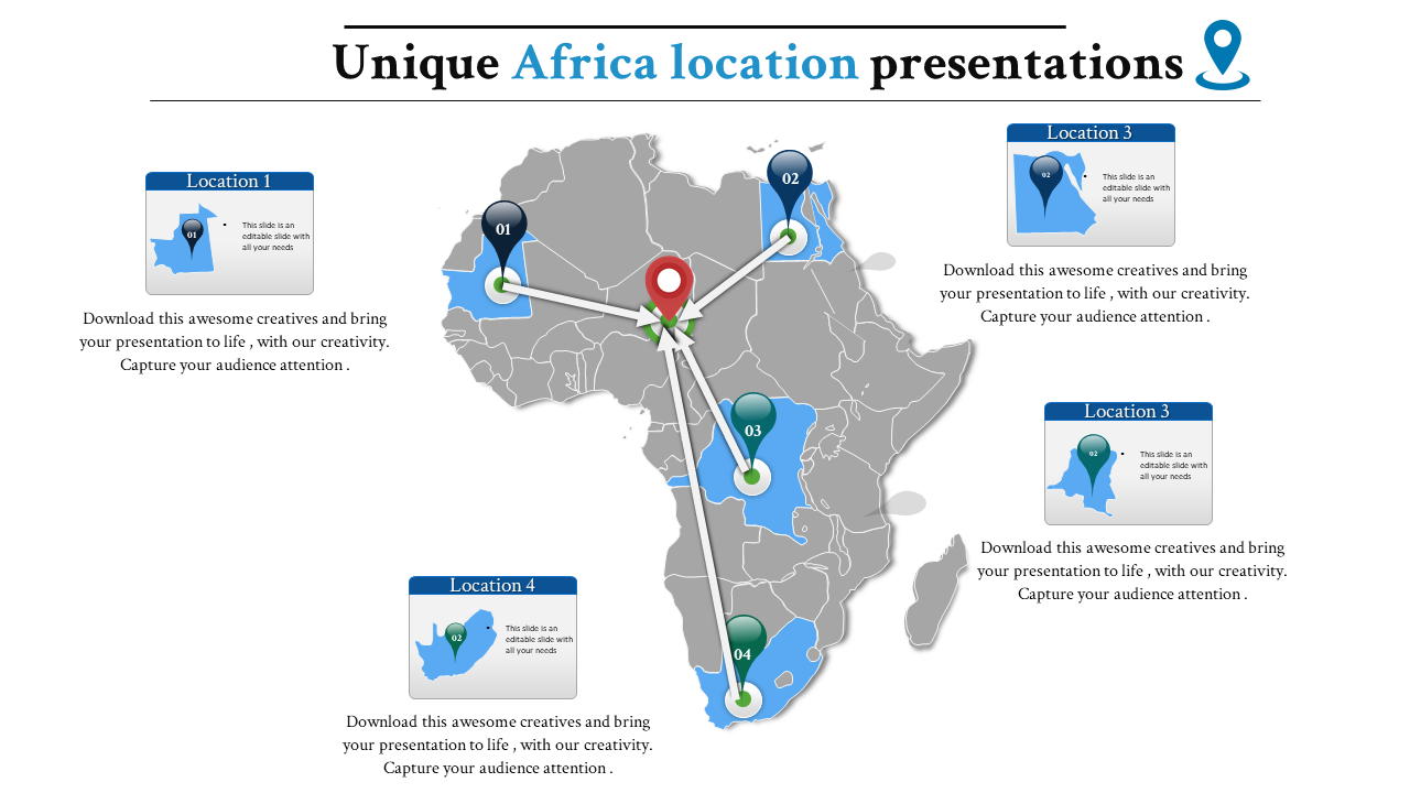 Africa map infographic featuring four blue location markers connected by lines to a central red pin, with caption areas.