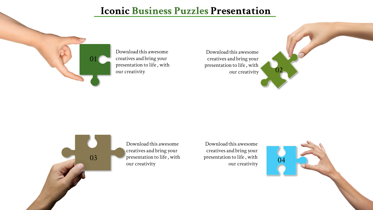 Four colorful puzzle pieces being held by hands, each containing numbers and text, on a light background.