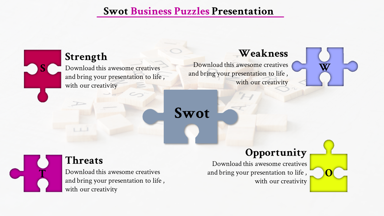 SWOT analysis graphic featuring four labeled puzzle pieces in red, blue, pink, and yellow connected to a central gray piece.