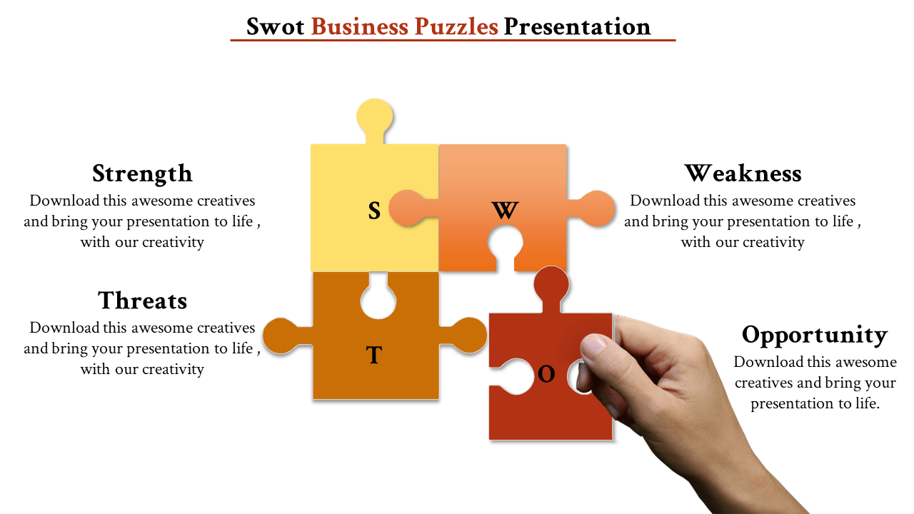 SWOT slide featuring four interlocking puzzle pieces with labels and a hand fitting the last piece, symbolizing completion.