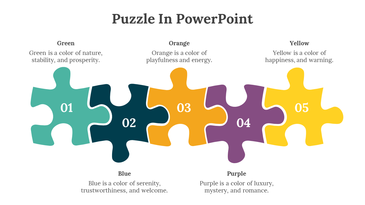 Interconnected puzzle pieces infographic with numbers, each a distinct color and text explaining each color's significance.