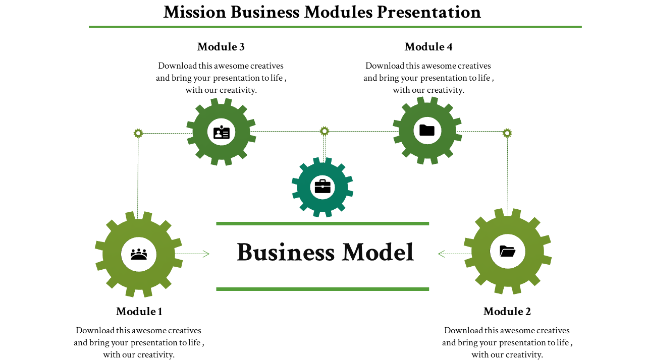 Business model slide featuring four modules linked by gears, representing different business processes with placeholder text.