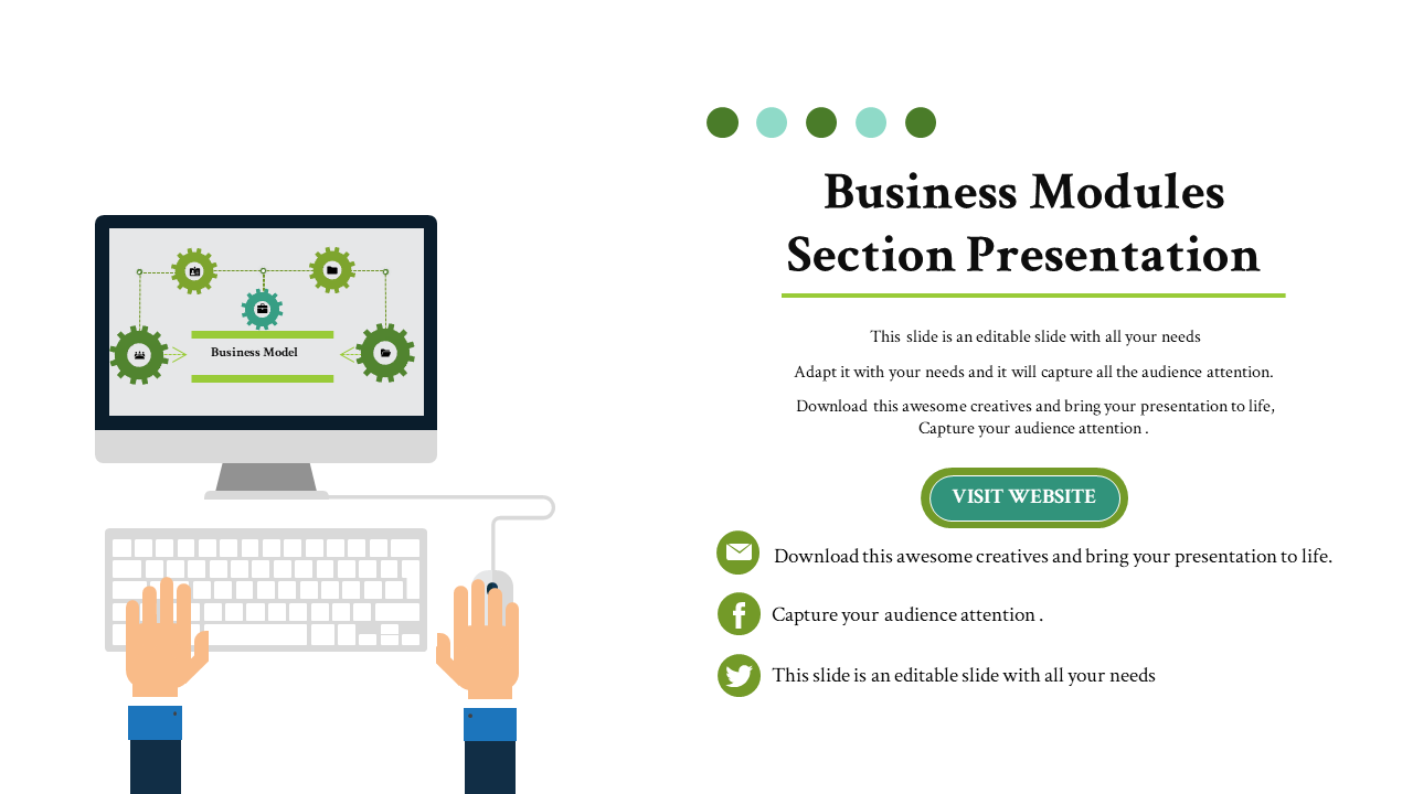 Computer screen with green gear icons and hands in keyboard and mouse, with text on the right for a business modules.