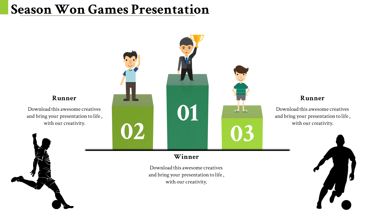 Slide celebrating achievements in a sports season, featuring podium placements for the winner and runners up with text area.