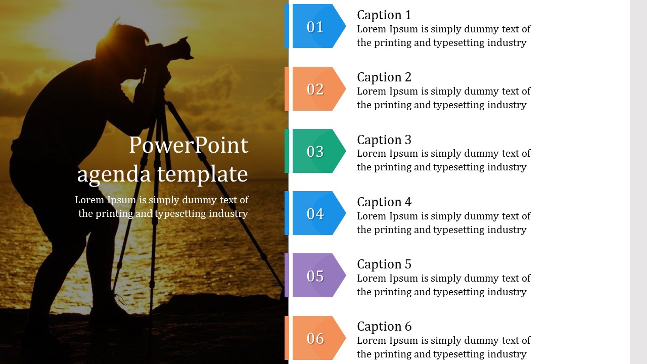 PowerPoint agenda template with numbered captions and a background of a person using a camera.