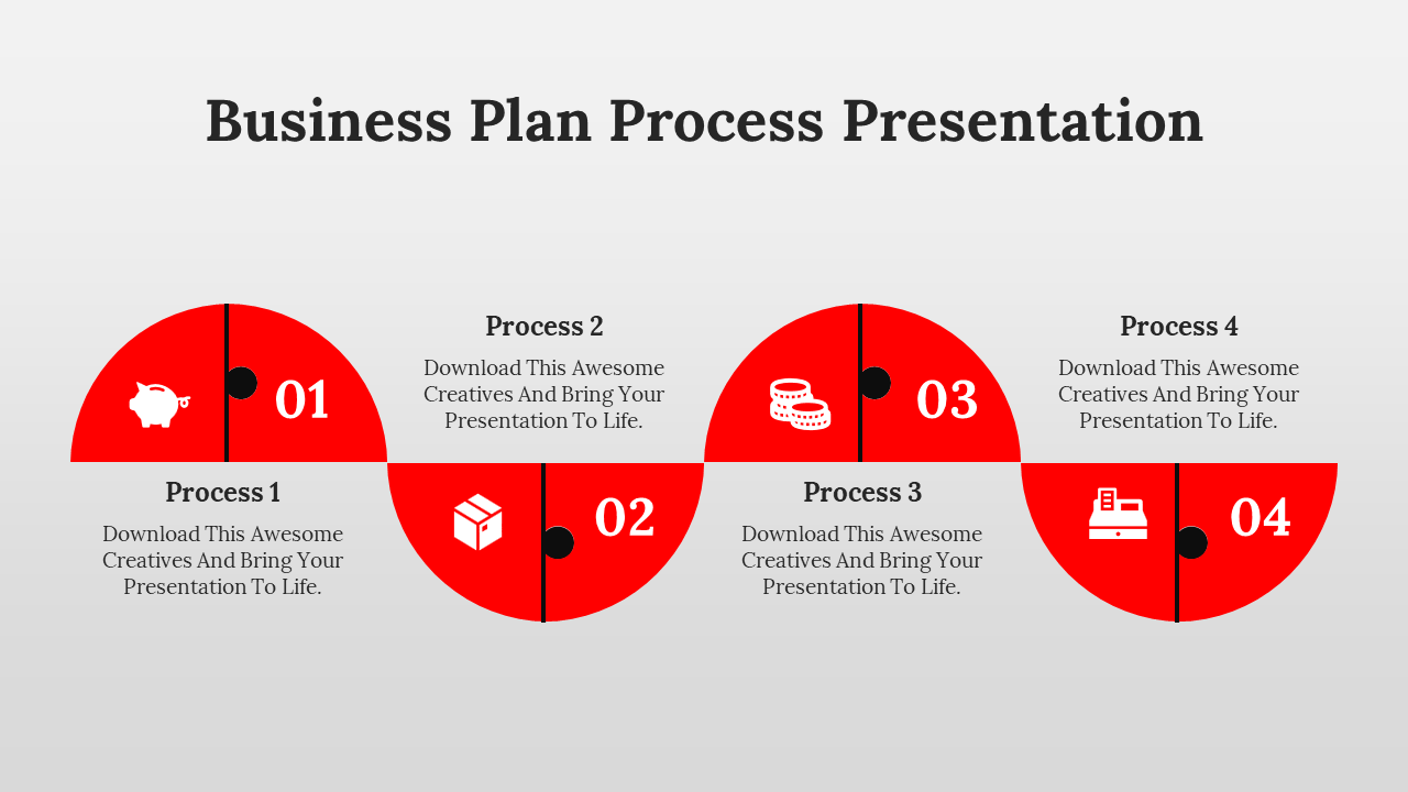 Business plan process presentation template featuring four red steps with corresponding icons and placeholder text.