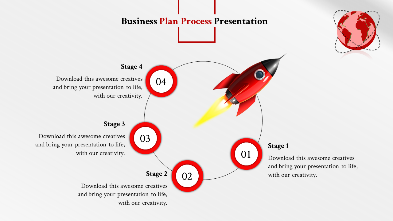 Modern business presentation template featuring a rocket and numbered stages with placeholder text.