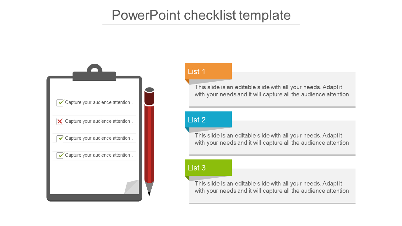 Checklist on a clipboard with a red pencil, and three colored list sections in orange, blue, and green on the right.