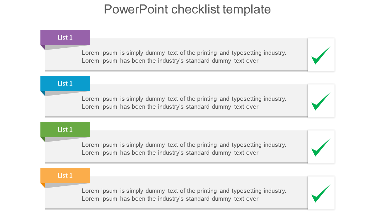 Four gray text boxes with colored tabs on the left, each with captions and a green checkmark on the right.