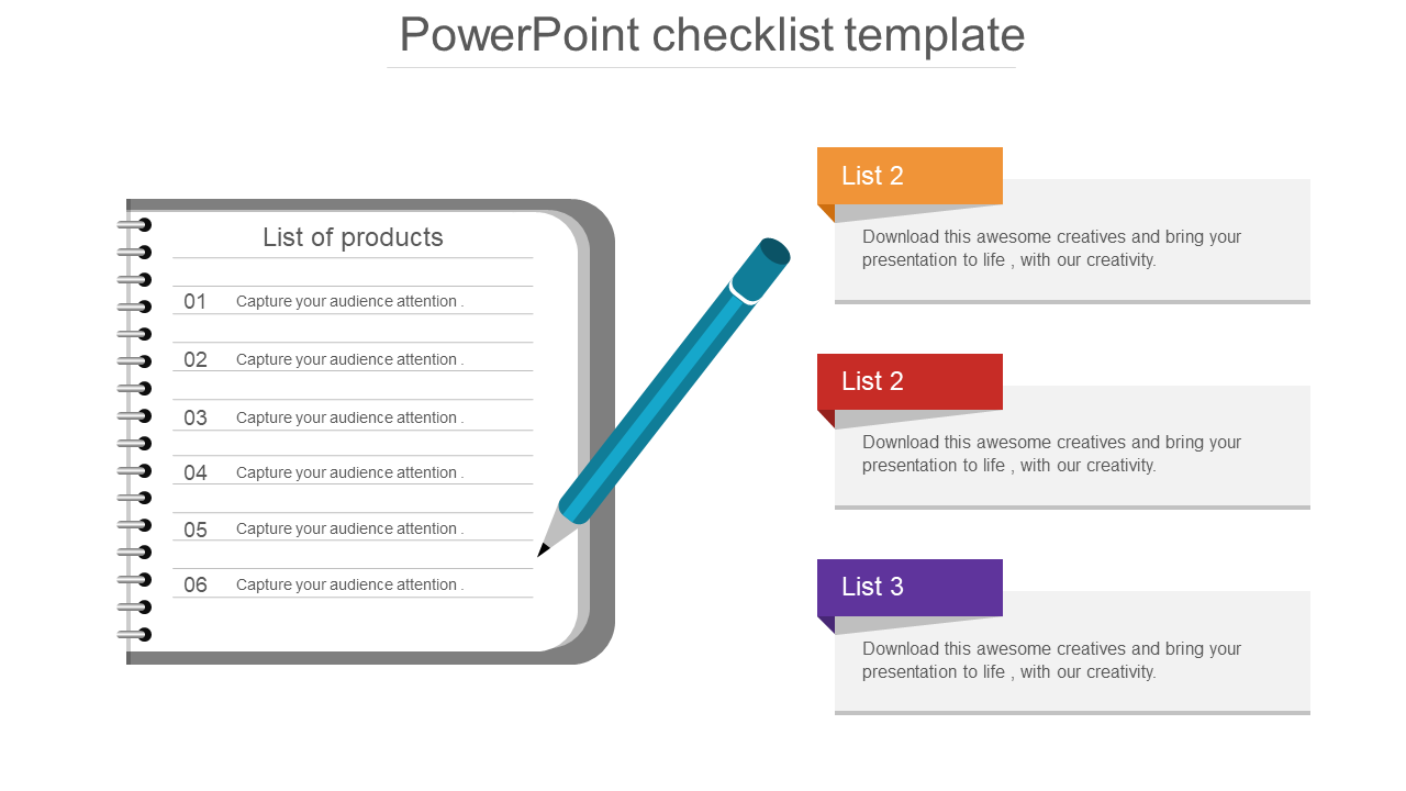 Business checklist slide showing a spiral notebook, a blue pencil, and three right-side colored banners for product lists.