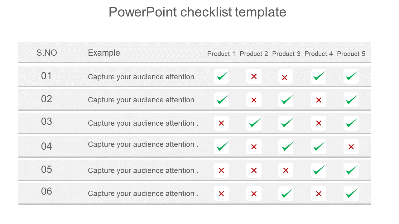 Table-style checklist template with rows showing examples and products, each with green check marks and red crosses.