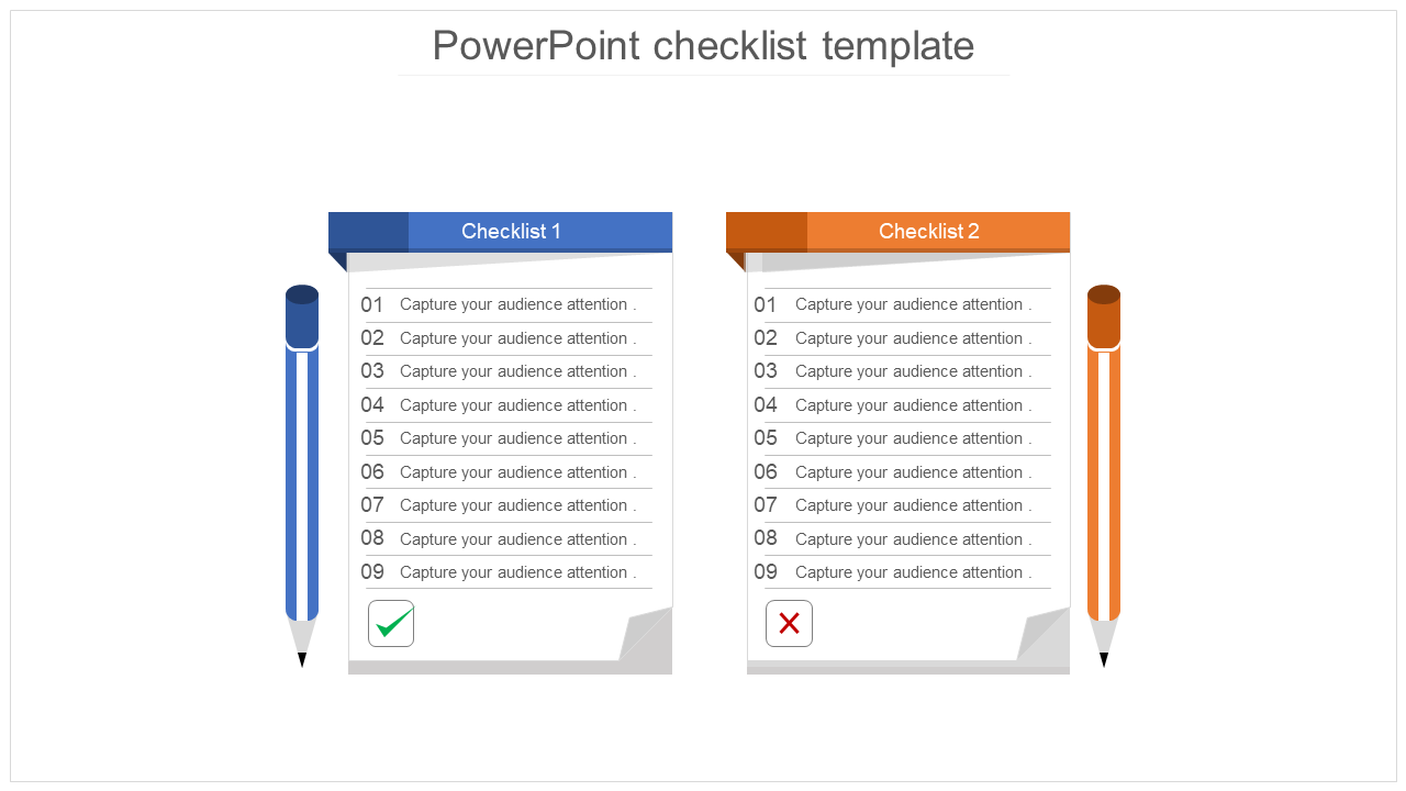 Two side by side checklist boxes in blue and orange headers with matching pencils and bullet points listed.